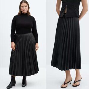 NWT Mango Black Leather-Effect Pleated Midi Skirt High Waist Vegan Leather XL